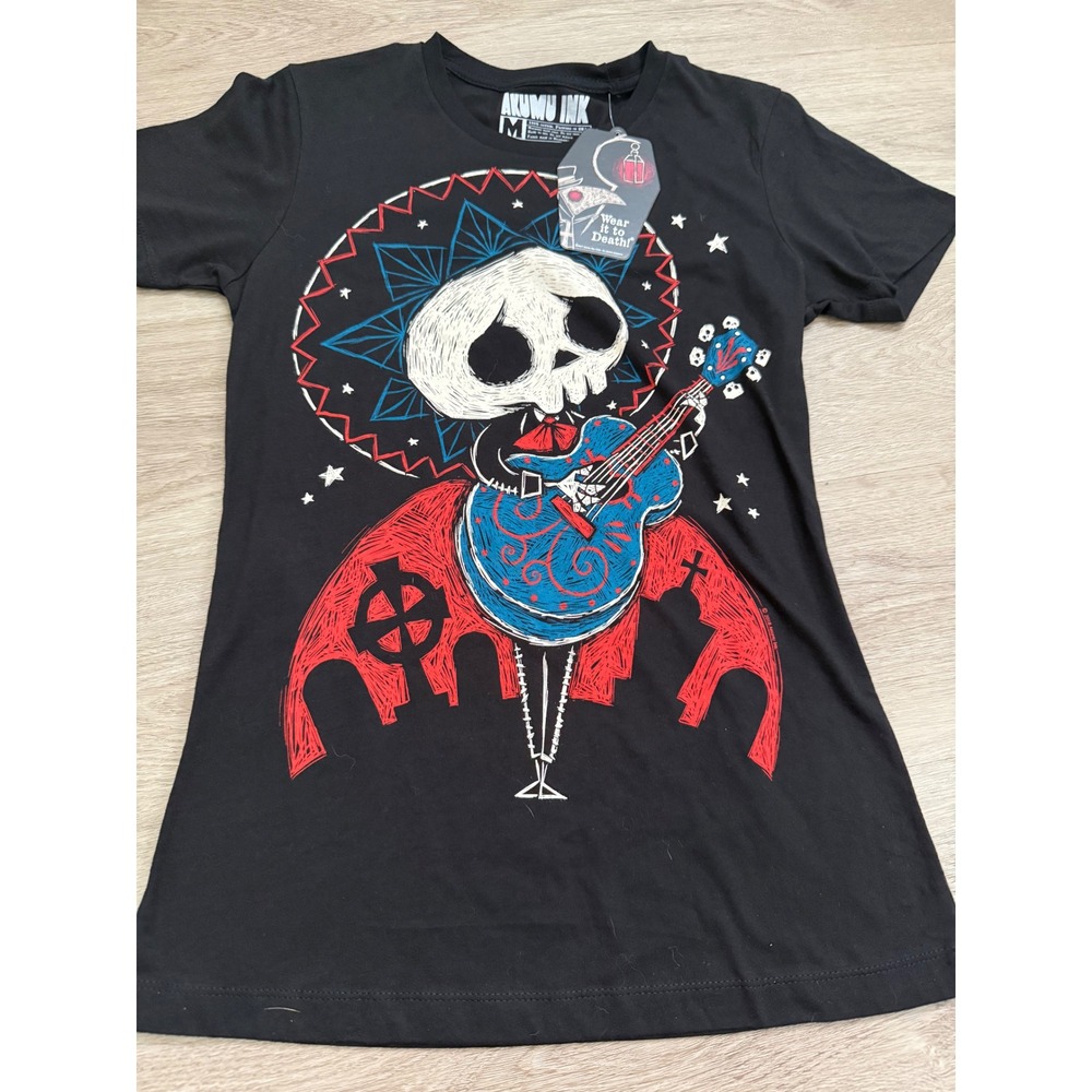 Akumu Ink Black Graphic T-Shirt Skull Guitar Day of the Dead Mens Medium NWT
